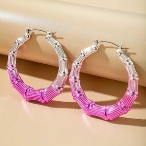 Silver Bamboo Earrings, Retro 80s 90s Bamboo Earrings, Pink Hoops, Silver Hoops